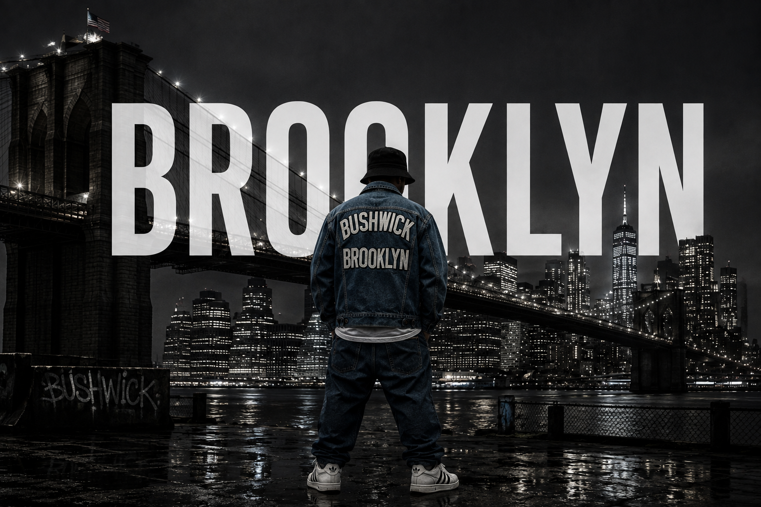 Brooklyn Bridge at night with a figure wearing a denim jacket marked BUSHWICK and BROOKLYN