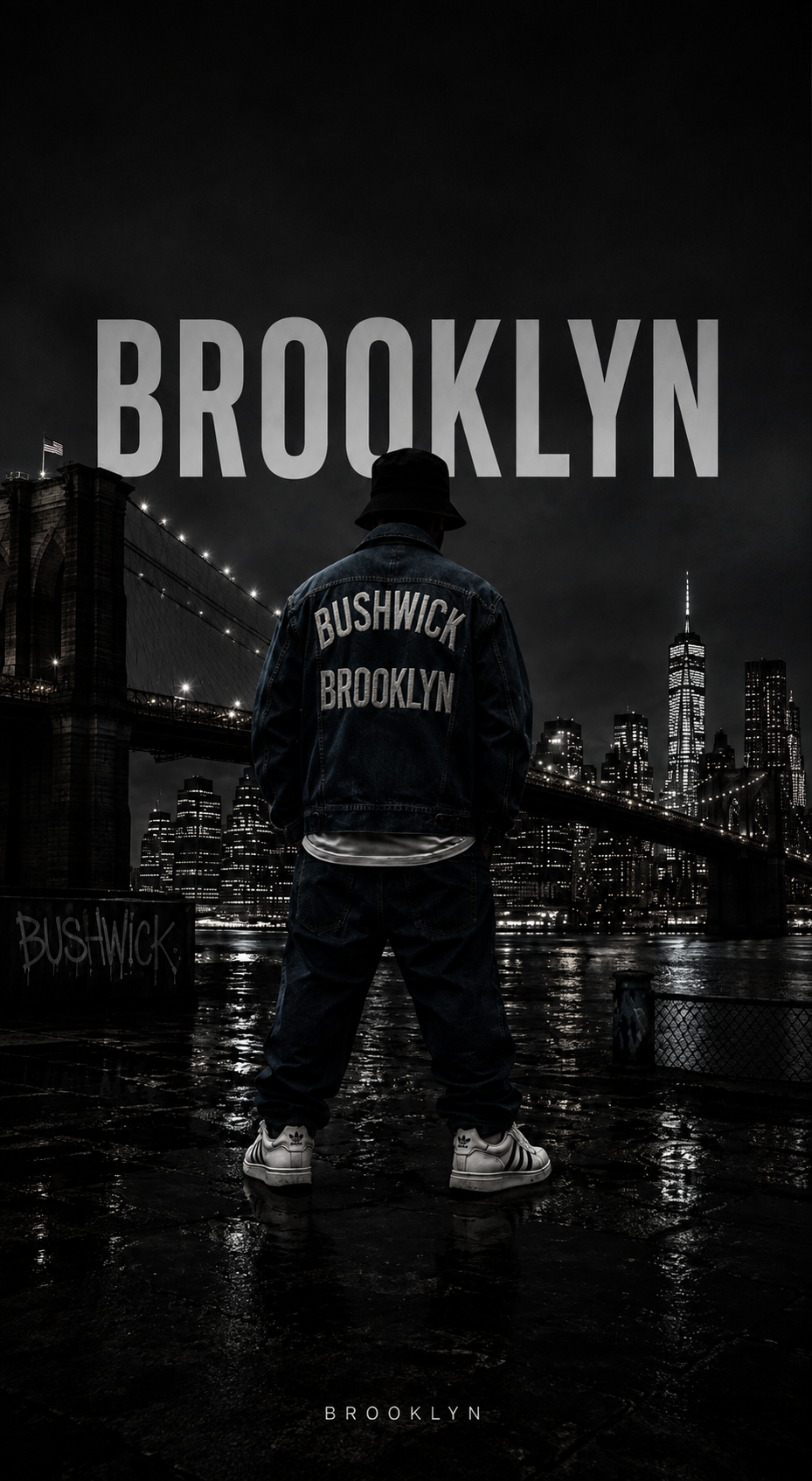 Brooklyn Bridge at night with a figure wearing a denim jacket marked BUSHWICK and BROOKLYN